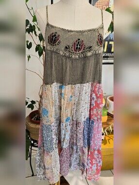 Young Threads Patchwork Floral Embroidered Midi Dress L Boho Cottagecore Festiva